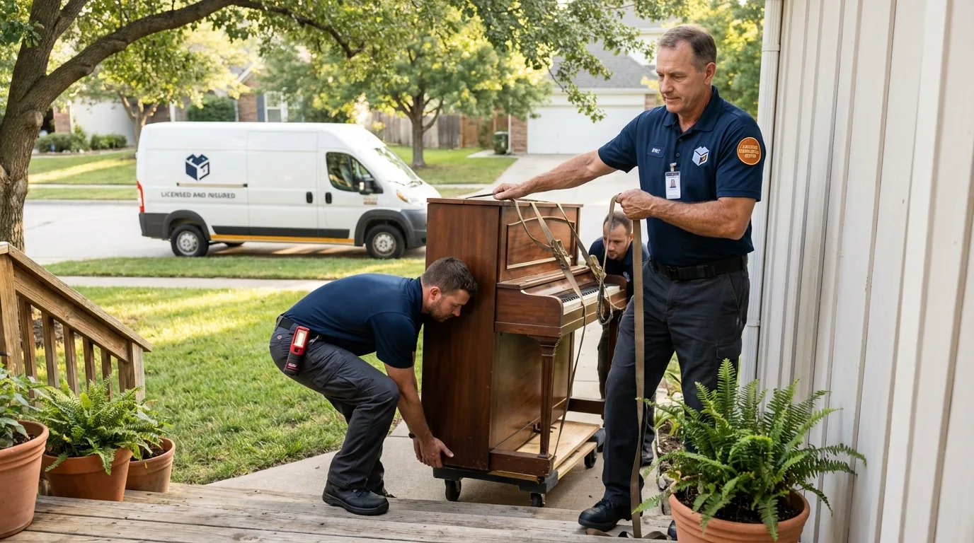 Licensed piano movers securing grand piano in Southaven, MS