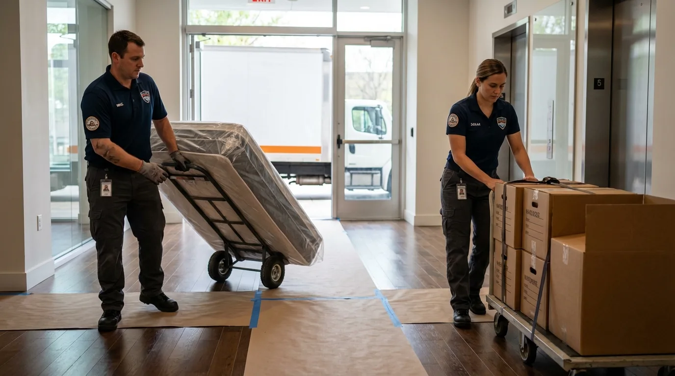Professional apartment movers loading elevator in Southaven, MS